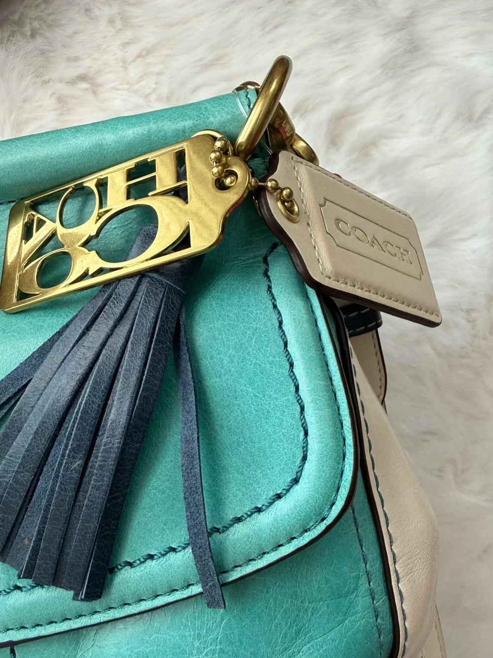 Coach Teal Leather Satchel with Tassel and Gold Hardware